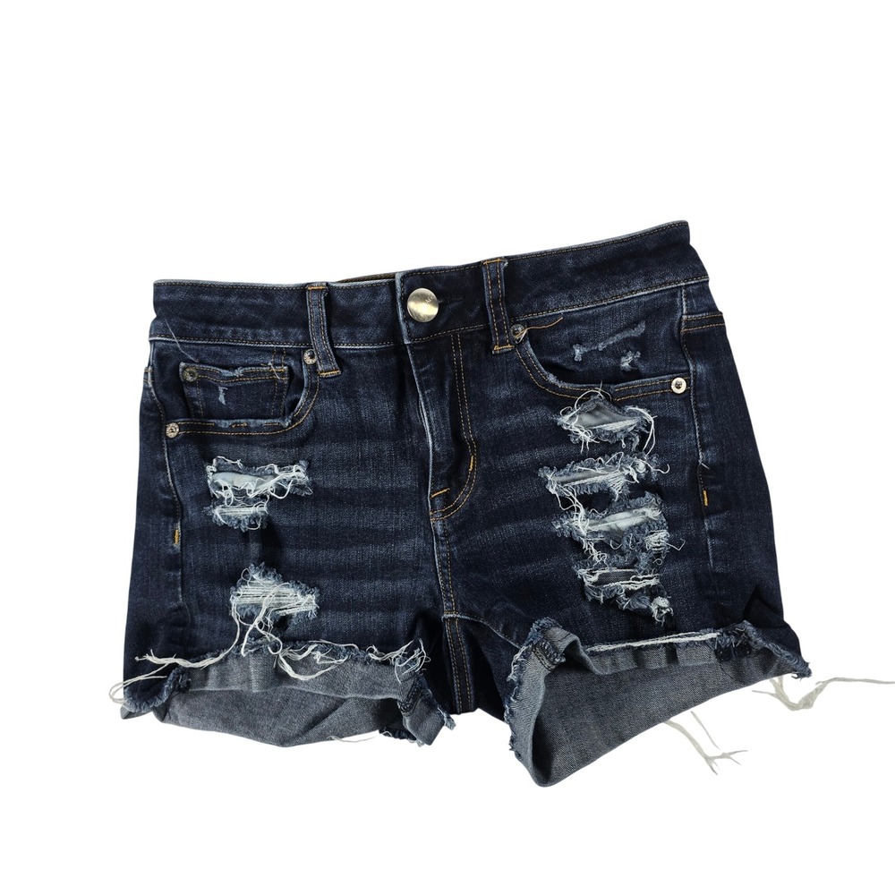 American Eagle Hi-Rise Shortie Dark Wash Distressed Denim Shorts Womens 2